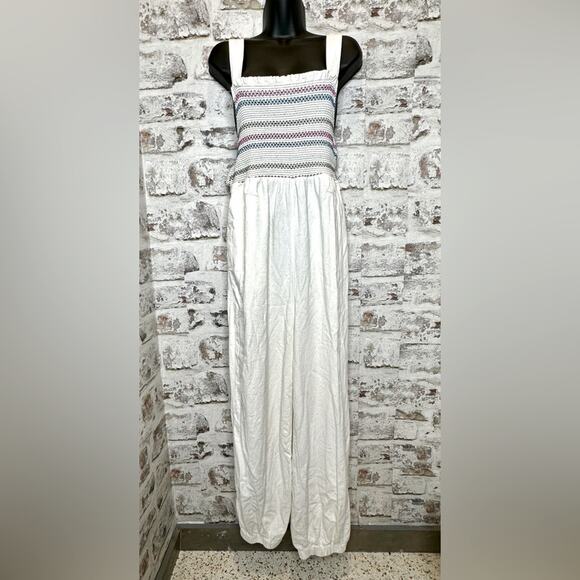 Free People Sienna Smocked Jumpsuit size S, tie back, missing belt, off white - Picture 3 of 15